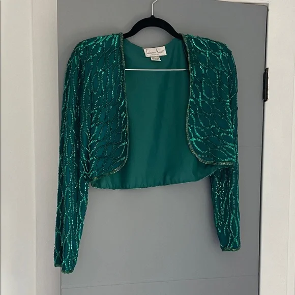 Laurence Kazar Vintage Silk Green Sequined Women's Cropped Jacket size S 💖 - Picture 6 of 6